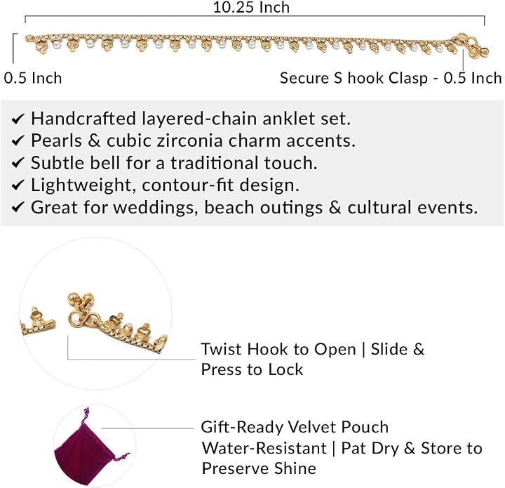 Duel On Jewel Gold Payal Set for Women, Indian Paayal Jhanjar Chain Anklets with Bell Detail, Foot Jewelry Pair, 10 Inch Comfort Fit, Traditional & Dainty Styles for Wedding Beach Everyday Gift