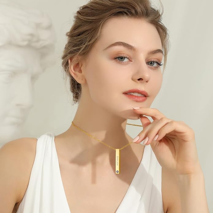 GOLDCHIC JEWELRY Personalized Birthstone Name Necklaces for Men Women, Engraved Family Names Necklace with Birthstone Vertical Bar Necklace, Pendant for Husband/Father/Grandma/Wife Birthday Gifts