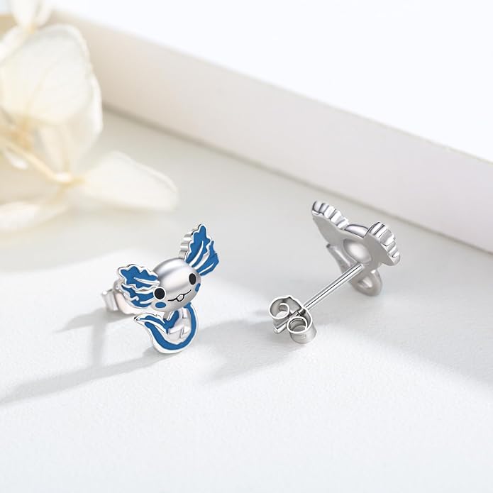 925 Sterling Silver Axolotl Earrings White Gold/Rose Gold Axolotl Jewelry for Women Girls Pink/Blue Axolotl Gifts