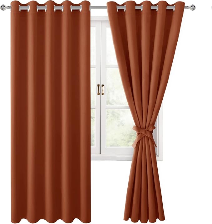 Hiasan Fall Grommet Blackout Curtains for Bedroom, 60 x 72 Inches - Thermal Insulated & Light Blocking Window Drapes for Living Room/Dorm Room, Set of 2 Panels Sewn with Tiebacks, Burnt Ochre
