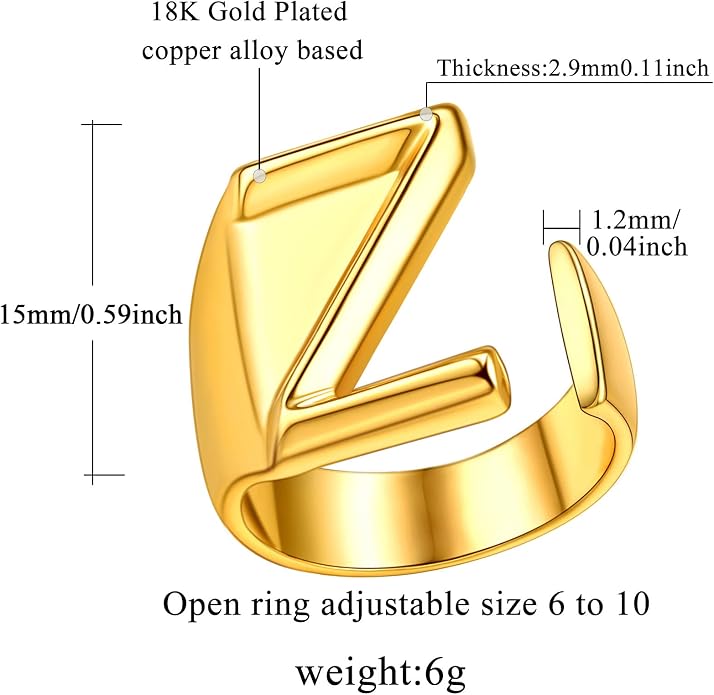 FindChic Customizable Initial Ring Statement 18K Gold Plated Fashion Cuff Rings for Women Alphabet Letter A to Z Resizable Knuckle Ring (with Gift Box)