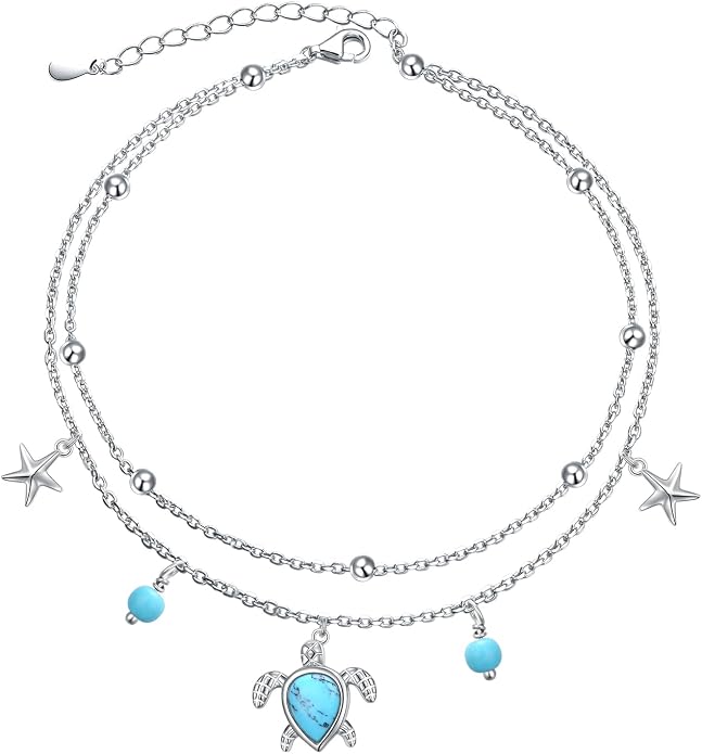 Ladytree S925 Sterling Silver Boho Beach Double Layer Anklets Bracelet for Women Adjustable 9 to 11 inches