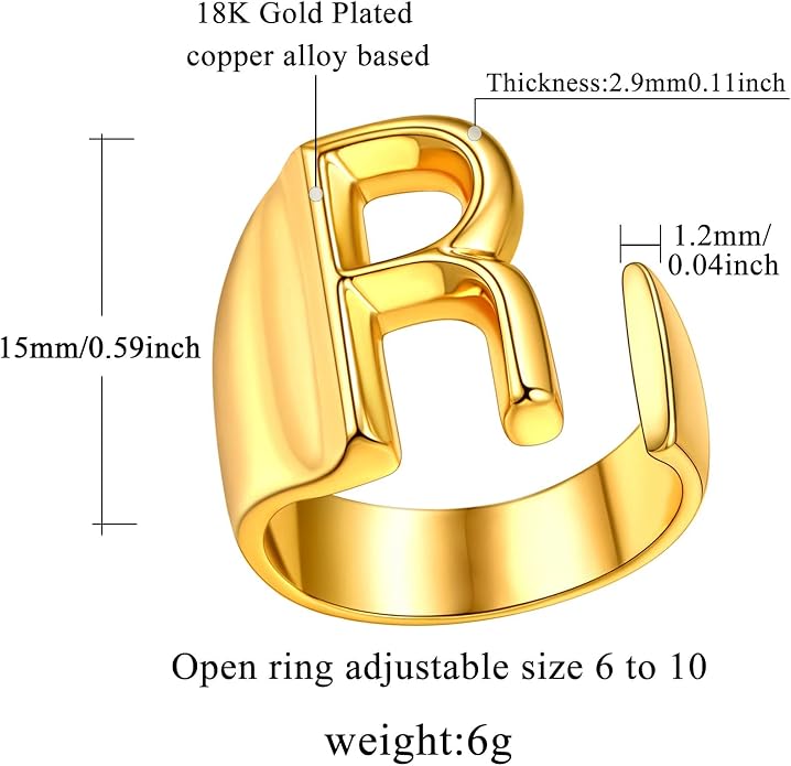 FindChic Customizable Initial Ring Statement 18K Gold Plated Fashion Cuff Rings for Women Alphabet Letter A to Z Resizable Knuckle Ring (with Gift Box)