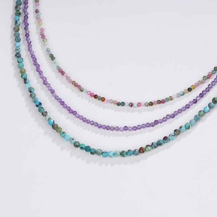 COAI 2mm & 3mm Danity Tiny Bead Necklace for Women, Stone Beaded Crystal Necklace for Women, Sodalite, Australian Jasper, Red Carnelian, Tourmaline, Amethyst, Turquoise Jewelry