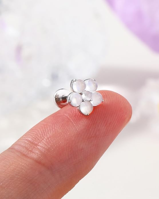 Chrysoprase Moonstone 925 Sterling Silver Hypoallergenic Flat Back Stud Earring Internally Threaded 16G 8mm Fine Piercing Jewelry for Helix Tragus Conch Cartilage Lip