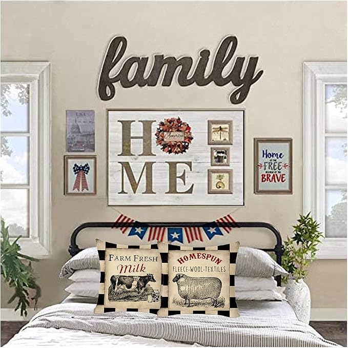 Rustic Farmhouse Pillow Covers Farm Animal Throw Pillow Case Buffalo Plaid Sheep Chicken Pig Cow Country Cushion Cover for Couch Sofa Cotton Linen 18x18 Set of 4