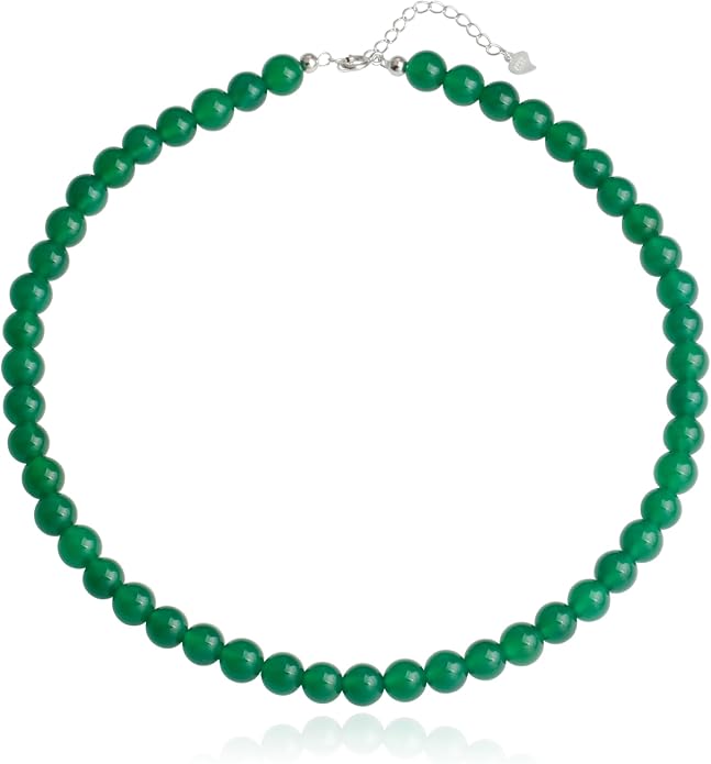 Kakikaki Natural Agate Choker Necklace Sterling Silver Round Beads Strand Necklace for Women