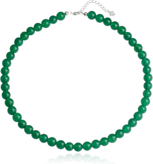 Kakikaki Natural Agate Choker Necklace Sterling Silver Round Beads Strand Necklace for Women