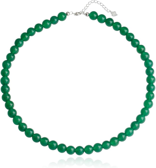 Kakikaki Natural Agate Choker Necklace Sterling Silver Round Beads Strand Necklace for Women