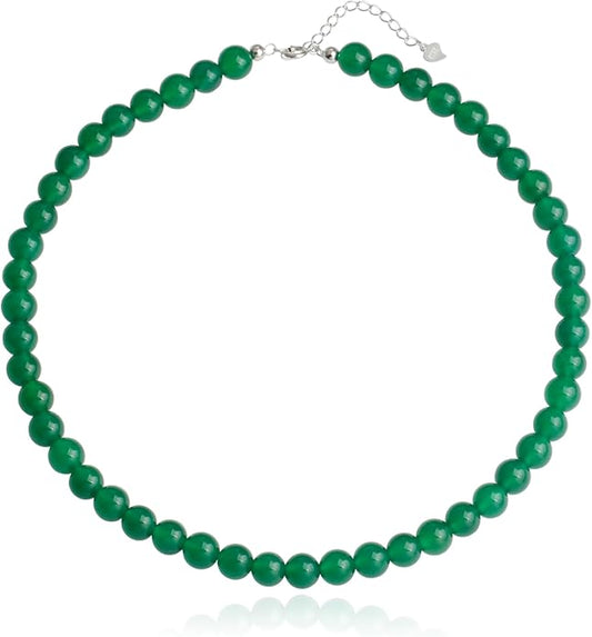 Kakikaki Natural Agate Choker Necklace Sterling Silver Round Beads Strand Necklace for Women