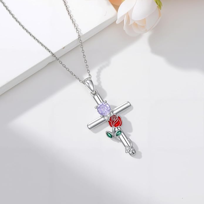 Birthstone Cross Necklace 925 Sterling Silver Rose with Butterfly Birthstone Cross Pendant Necklace Jewelry Gifts for Women Birthday Christmas