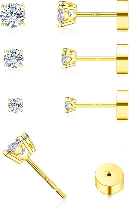 3 Pairs Moissanite Flatback Stud Earrings for Women, 925 Sterling Silver Hypoallergenic Flat Back Cartilage Earrings Set, 18K White Gold Plated
