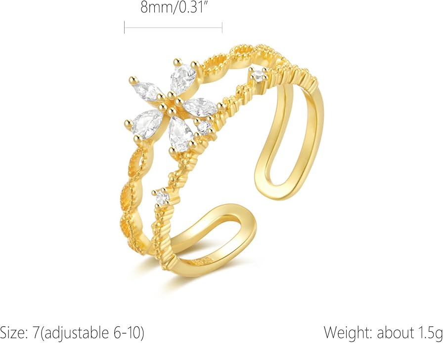LOVECOM 925 Sterling Silver Butterfly Daisy Flower Rings for Women Mothers Self Love Ring for Myself Adjustable Gold Layered Colorful Opal Cubic Zirconia Stackable Ring Jewelry Gifts to Daughter