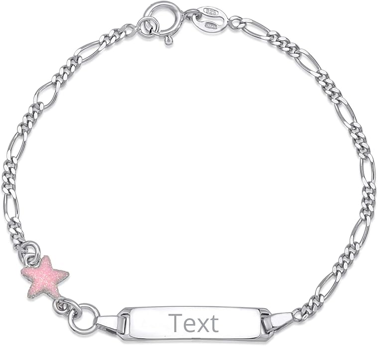 UNICORNJ 925 Italy Sterling Silver Child or Baby Name Bracelet Girls Boys, Personalized Engraved Kids ID Bracelets, 6.5" Figaro Chain, Enamel Charm Newborn Infant Toddler Kid Jewelry