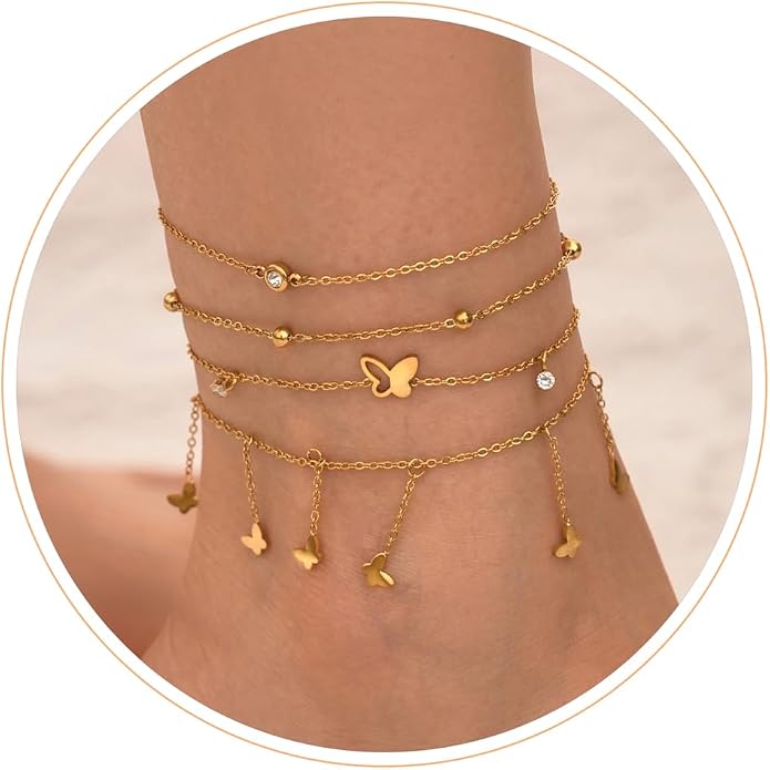 LOFITOR Ankle Bracelets for Women Glitter Waterproof Adjustable Anklet Set for Women 18K Gold Plated Silver Charm Dainty Layered Anklets, Summer Beach Anklet Jewelry for Women