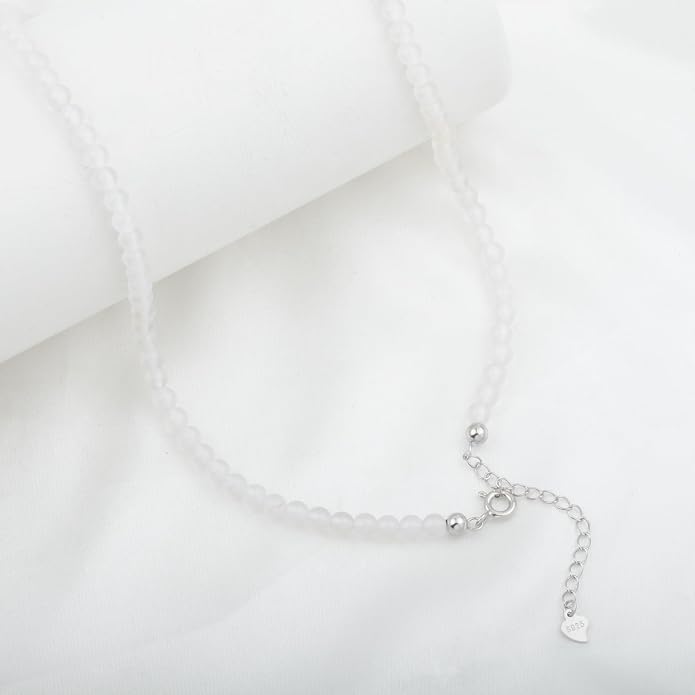 Kakikaki Natural Agate Choker Necklace Sterling Silver Round Beads Strand Necklace for Women