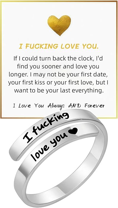 I Fcking Love You Ring, Stainless Steel Engraved Inspirational Words Heart Open Adults Women Vintage Promise Rings Lover Wife Jewelry