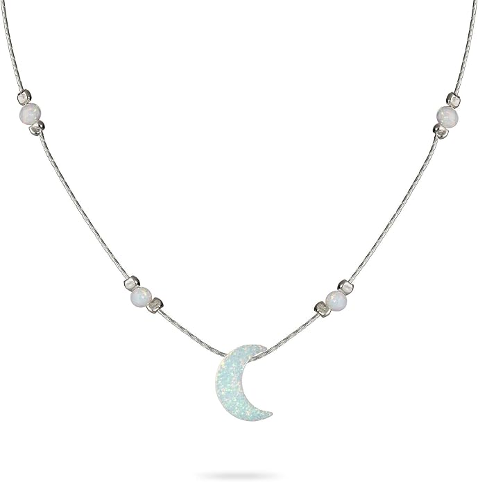 AVNIS White Opal Moon Necklace Crescent Moon Choker Jewelry, Dainty Box chain Length 16+2 Inches extender Gift for Girl Women
