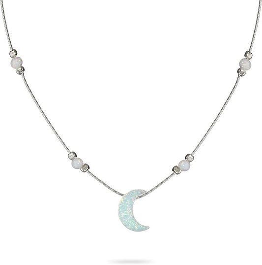 AVNIS White Opal Moon Necklace Crescent Moon Choker Jewelry, Dainty Box chain Length 16+2 Inches extender Gift for Girl Women