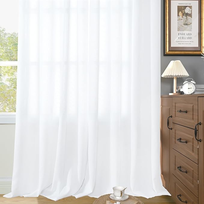 YoungsTex 63 Inch Length White Semi Sheer Curtains for Living Room 2 Panels, Linen Drapes with Bronze Grommet Light Filtering Window Treatments for Bedroom, 42 X 63 Inch