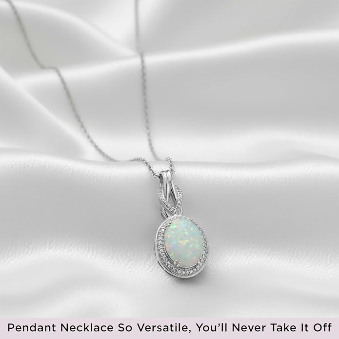 Jewelili Created Oval Opal Necklace Pendant for Women with Diamonds and October Birthstone in Sterling Silver 18" Rolo Chain