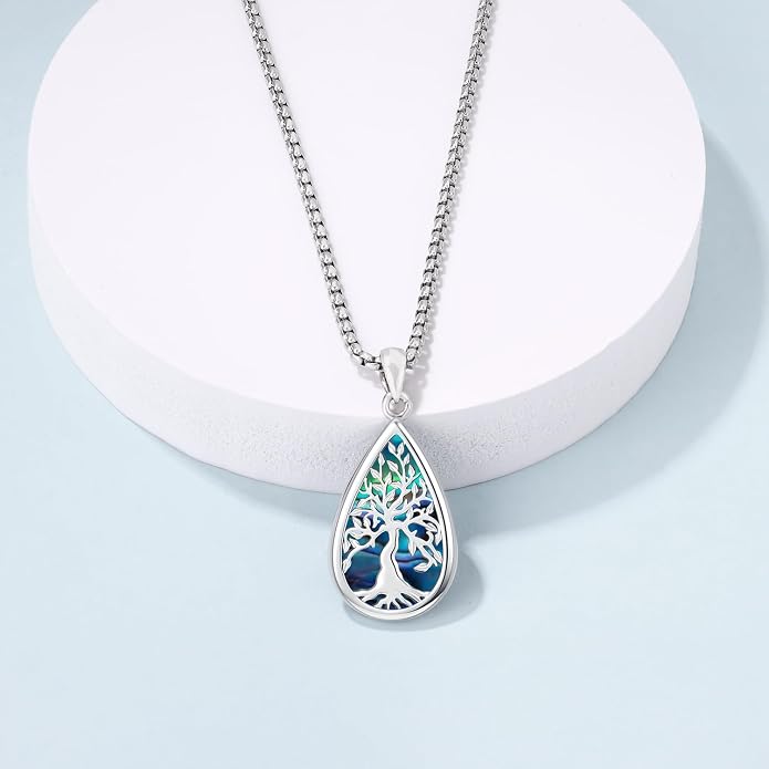 Aniu Tree of Life Necklace for Women, 925 Sterling Silver Mother of Pearl Family Palm Tree Charm Pendant Jewelry for Birthday Christmas Gift