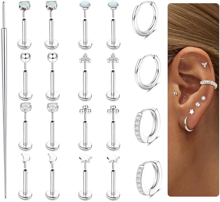 Sanfenly Threadless Flat Back Earrings Studs 316L Surgical Steel Cartilage Earrings for Women Men Push in Nose Rings Studs 20G 18G 16G CZ Opal Tragus Helix Conch Lip Labret Medusa Nostril Piercing Jewelry Hypoallergenic