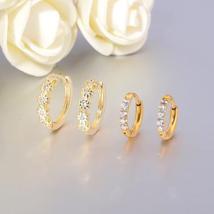 CiNily Small Hoop Earrings for Women Girls Flower Cubic Zirconia Huggie Earrings Hypoallergenic 14K Yellow Gold Plated Cartilage Earrings