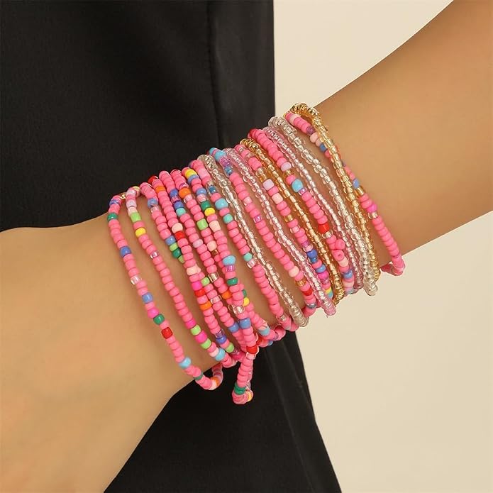 Fuqimanman2020 18Pcs Boho Stackable Beaded Bracelets for Women Colorful Handmade Multilayered Rice Beads Anklets Set Summer Beach Bohemian Jewelry Gift