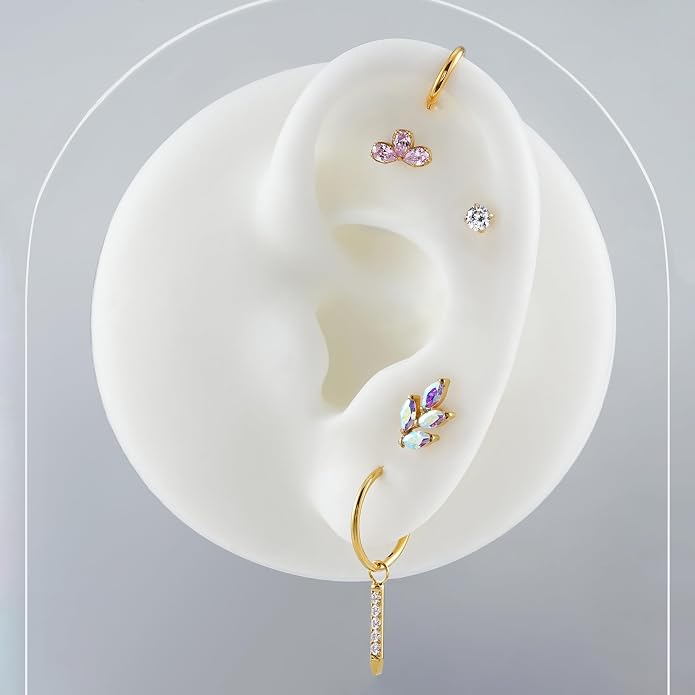 FINE4U 1PC Leaf Flat Back Stud Flat, Helix, Conch, Tragus 6mm 8mm - ASTM F136 Titanium Screw on Body Piercing Jewelry