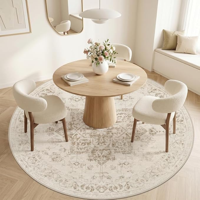 Round Area Rug for Living Room: 6ft Vintage Boho Neutral Washable Circle Rug Soft Large Circular Carpet for Bedroom Nursery Farmhouse Dining Room Office Floor Non-Slip Low Pile Under Table Beige/Ivory