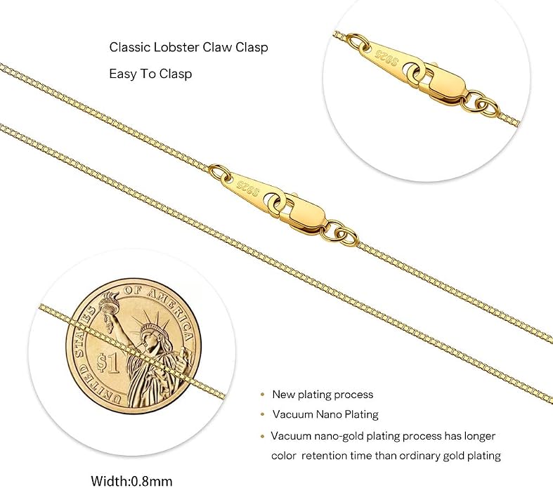 925 Sterling Silver Chain Necklace for Women 0.8mm Box Chain, Italian Necklace Chain, Super Strong & Thin & Long16/18/20/22/24 Inches
