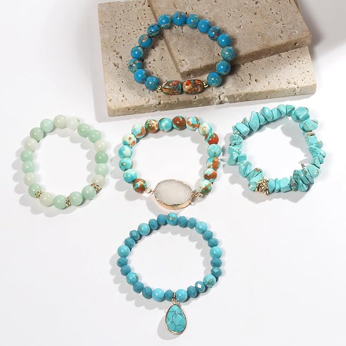 Yomisa 5PCS 6PCS Natural Boho Beaded Bracelets/Bangle for Women Men,Healing Turquoise Jasper Agate Crystal Gemstone Stone Chakra Multilayer Wrap Bohemian Handmade Jewelry Beads Stretch Bracelet Set