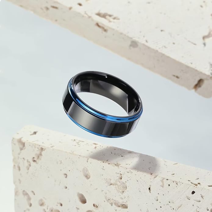 King Will 8mm Black Silver Mens Polished Tungsten Wedding Rings High Polish Surface Wedding Band Blue Silver Step Edge Comfort Fit