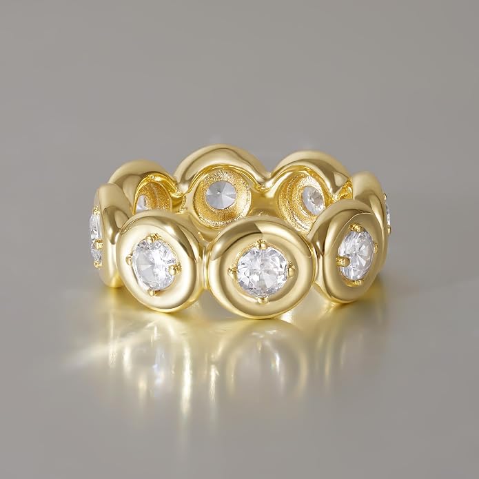 KissYan Band Ring for Women, 14K Gold Plate Dainty Pave Pear or Circle CZ Eternity Thick Chunky Engagement Statement Ring Valentine Fashion Gifts