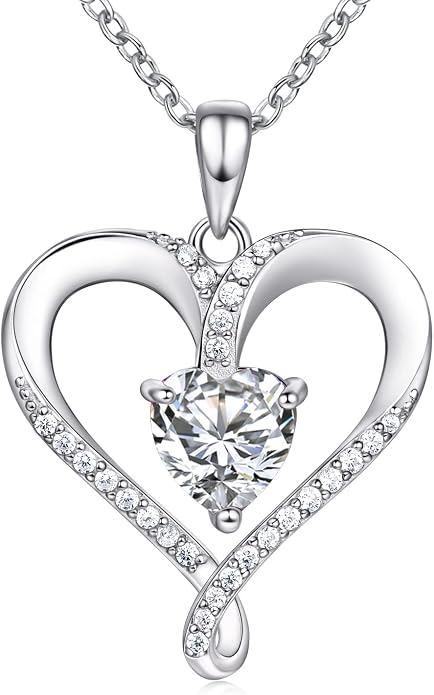 Birthstone Necklace for Women, 18K White Gold Heart Necklace Filled 925 Sterling Silver, Diamond Womens Jewelry Christmas Gifts for Women Wife