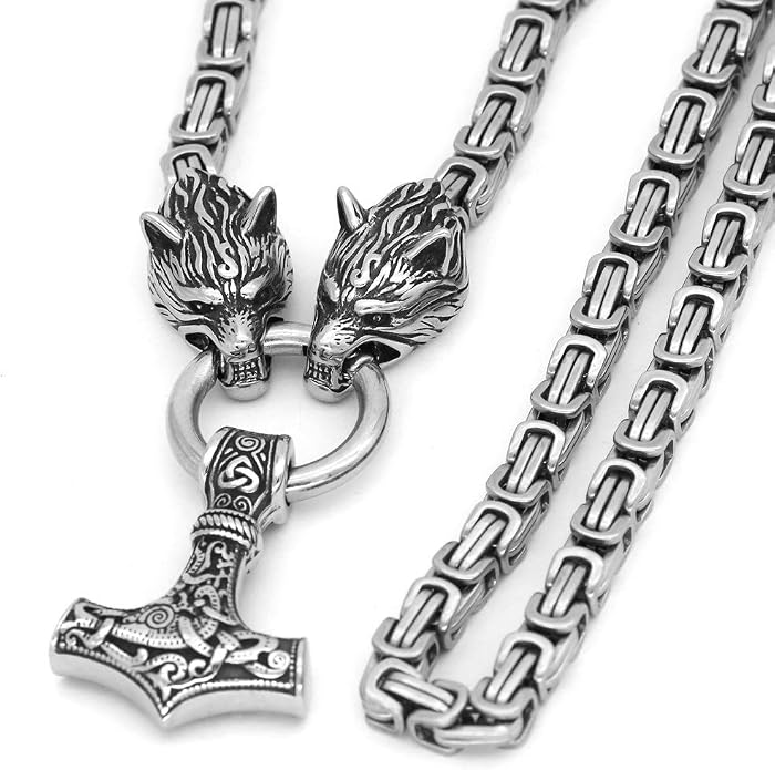 Viking Wolf Head Thor’s Hammer Pendant Necklace – Stainless Steel Norse Amulet Jewelry for Men, Nickel-Free, Gift Box Included