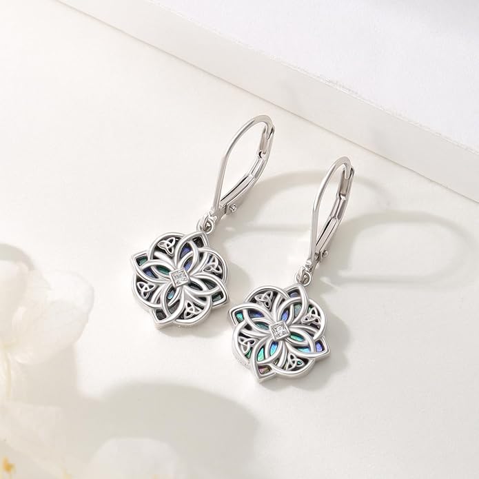 Celtic Knot Earrings 925 Sterling Silver Abalone Drop Dangle Celtic Earrings Gifts for Women