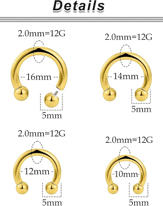 20G-00G Septum Rings Ear Gauges Earrings Stretching Kit 316L Surgical Steel Horseshoe Septum Pa Piercing Jewelry for Women 10mm 12mm 14mm 16mm