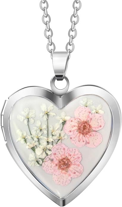 Handmade Heart Shaped Dried Pressed Forget Me Not Flower Photo Locket Pendant Necklace
