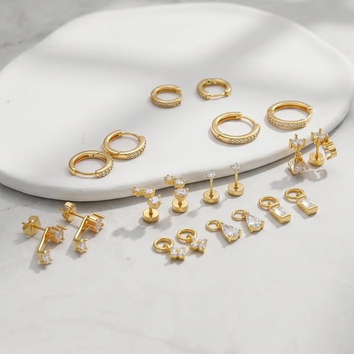 Stainless Steel Stud Earrings Set for Women Hypoallergenic Flat Back Cartilage Earrings Screw Back Huggie Hoop Earrings Multiple Piercing Cubic Zirconia Helix Tragus Jewelry