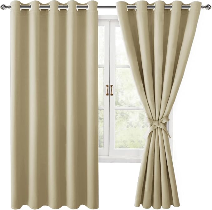 Hiasan Blackout Curtains for Bedroom, 60 x 63 Inches Length - Thermal Insulated & Light Blocking Window Curtains for Living Room, 2 Drape Panels Sewn with Tiebacks, Light Beige