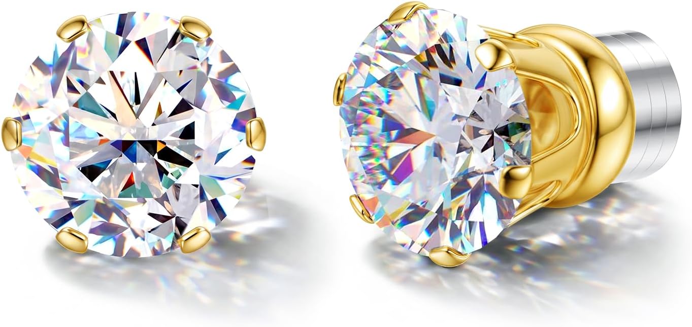 GEMQUEEN Moissanite Magnetic Earrings for Men Women : 18K White Gold Plated Hypoallergenic Stainless Steel Non Piercing Clip on Fake Earrings Studs Dainty Moissanite Earring Jewelry D Color VVS1