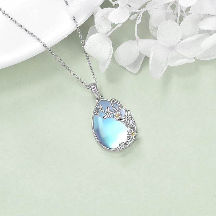 YAFEINI 925 Sterling Silver Moonstone Necklace Filigree Teardrop Pendant Necklace Jewelry for Women Girls