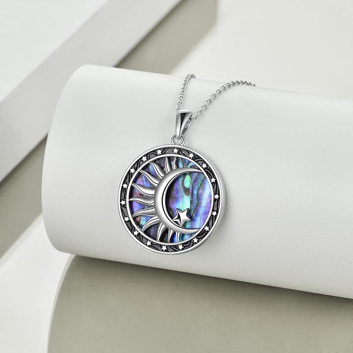Moon Sun Star Necklace 925 Sterling Silver Abalone Shell Celestial Jewelry Gift for Women