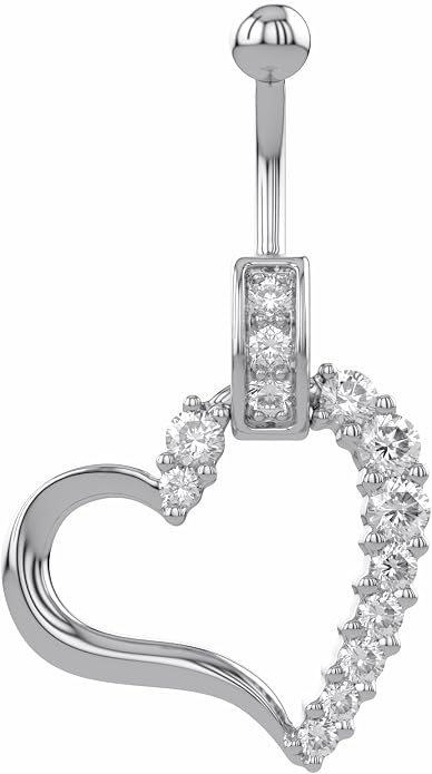 AFFY Women's Heart Charm Belly Ring with Round White Cubic Zirconia in 14K Gold Plated 925 Sterling Silver, Dangle Navel Piercing Jewelry for Her