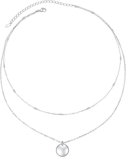 FLYOW Layered Choker Necklace S925 Sterling Silver Star Full Moon Daisy Flower Pendant Disc Jewelry Adjustable Clavicle Necklaces for Women Girls Birthday Gifts
