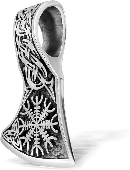 WithLoveSilver 925 Sterling Silver Viking Axe Amulet Slavic Celtic Triquetra Mjolnir Helm of Awe Double Sided Pendant