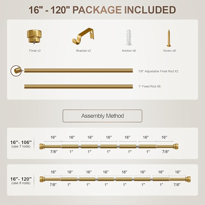 Lootkell Modern Gold Curtain Rods for Windows 66 to 120 Adjustable Length Heavy Duty 1" Diameter Brass Window Curtain Rod with Solid Metal Finials for Outdoor Farmhouse Bedroom Kitchen Living Room