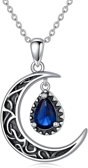 VONALA Crescent Moon Necklace Sterling Silver Emerald/Red/Purple/Black/Rainbow Topaz/Green/Aquamarine/Blue/Moss Agate Celtic Moon Teardrop Necklace Celtic Jewelry Gifts for Women Birthday